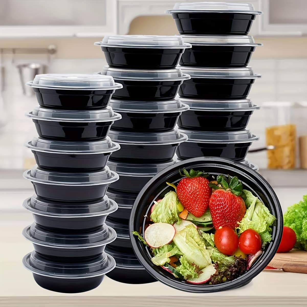 TEMU Fresh Cutlery Pre-dinner Bowl Container, Soup And Salad Plastic Bowl With Lid, Food Storage Bento Box, Stackable, Lunch Box (24oz)