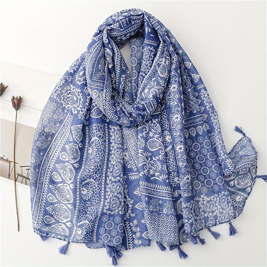 TEMU /summer Women's Bohemian Style And White Porcelain Blue And White Floral Pattern Paisley Soft Casual Fringe Scarf, Fashionable Scarf, Travel Vacation Beach Towel, Head Wrap Shawl