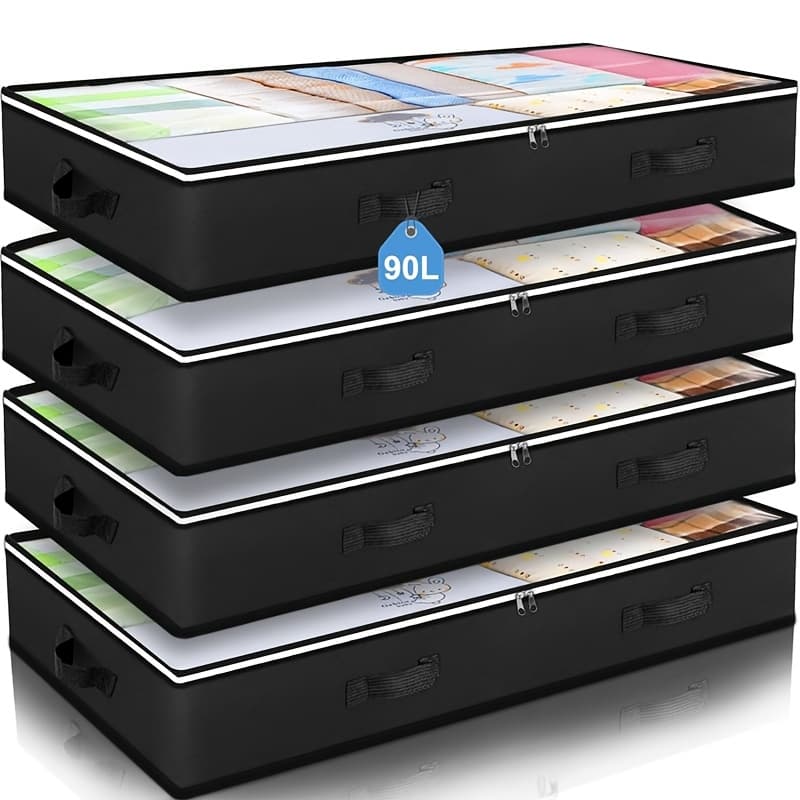 TEMU 4pcs Of 90-liter Under-bed Storage Boxes, Wardrobe Organizers, And Storage Bags, Foldable For Blankets, Towels, Comforters, Sweaters, Pillows, Sheets, And Wrapping Paper, In Black
