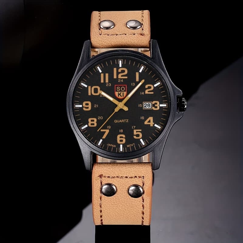 TEMU Fashion Faux Leather Watches For Men Soki Wristwatch, For Gifts
