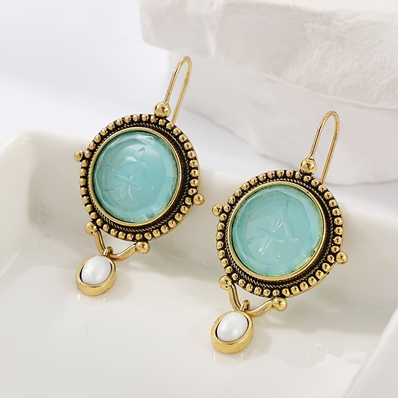 TEMU Pair Of Vintage Blue Earrings With Golden-tone Copper Hoop And Teardrop Accents - Bohemian Style, Or Gifting, Christmas Jewelry|vintage Earrings|copper Earrings