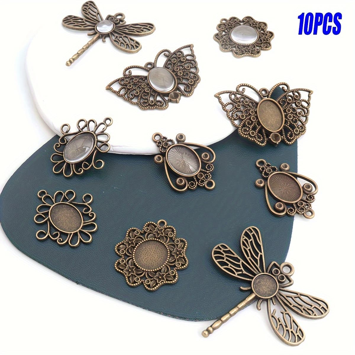 TEMU 10 Dragonfly//petal Gem Base Mixed Gothic Style Time Gem Holder Alloy Material Retro Earrings Necklace Bracelet Pendant Suitable For Jewelry Basic Additions