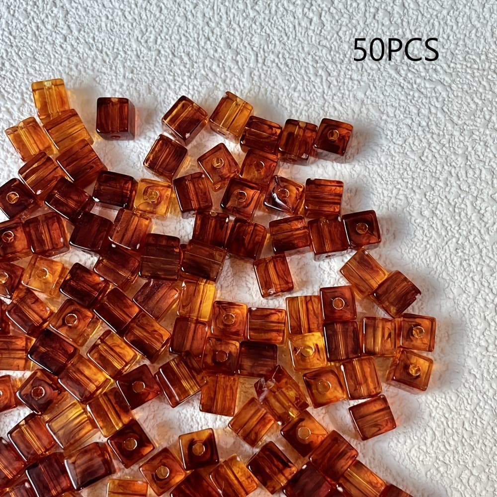 TEMU 50 Amber-colored 9mm Small Square Beads For Making, Creative Crafting, Square Beads For Handmade Accessory Design And Decoration, Beads & Bead Assortments