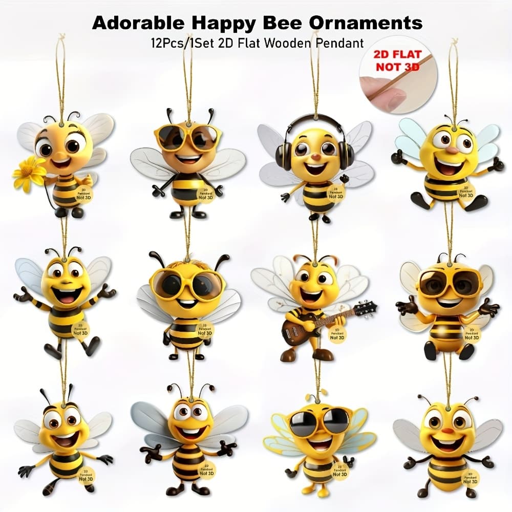 TEMU 2d Flat - 12pcs/ 1set Hip-hop Ornaments, 2d Wooden Pendant, Hanging Wooden Bee Figures For Holiday Decorations, Festive Gift Tag Additions, Room And Mantel Decor