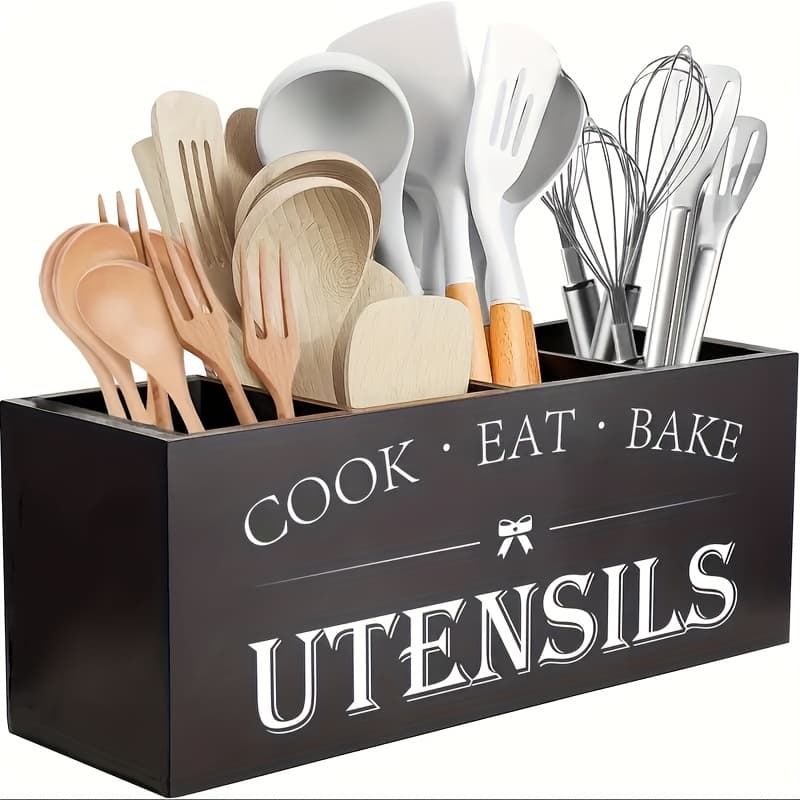 TEMU Extra Large 4-compartment Wooden Kitchen Utensil Holder - Rustic Farmhouse Decor Countertop Organizer With Tension Mount Design And Varnished Wood Flatware Caddy