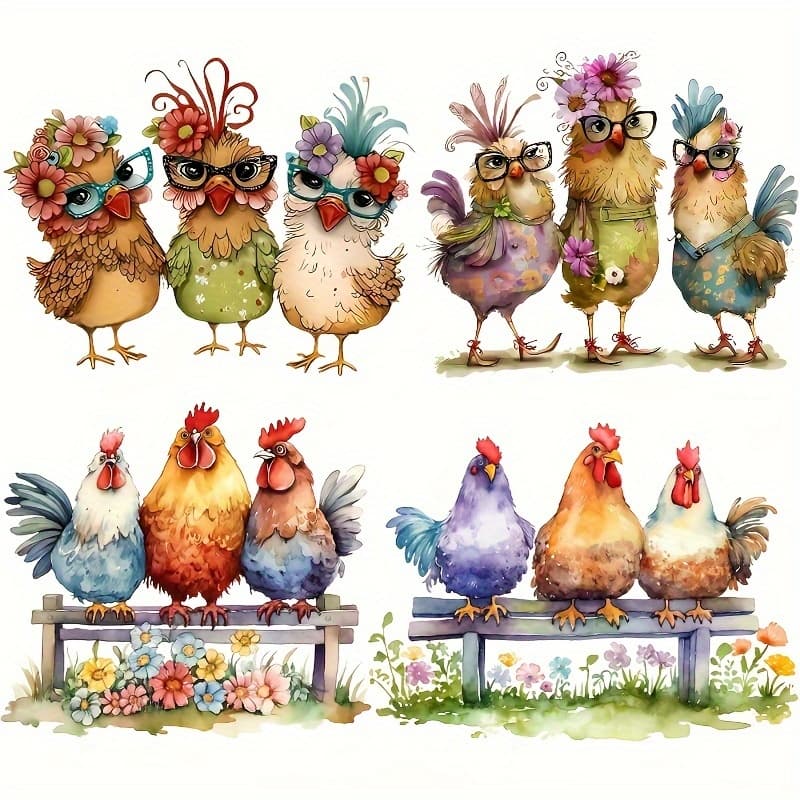 TEMU 4pcs Mixed Color Chicken & Floral Heat Transfer Decals - Versatile Iron-on Patches For T-shirts, Hoodies, Jackets, Canvas Bags, And Pillows