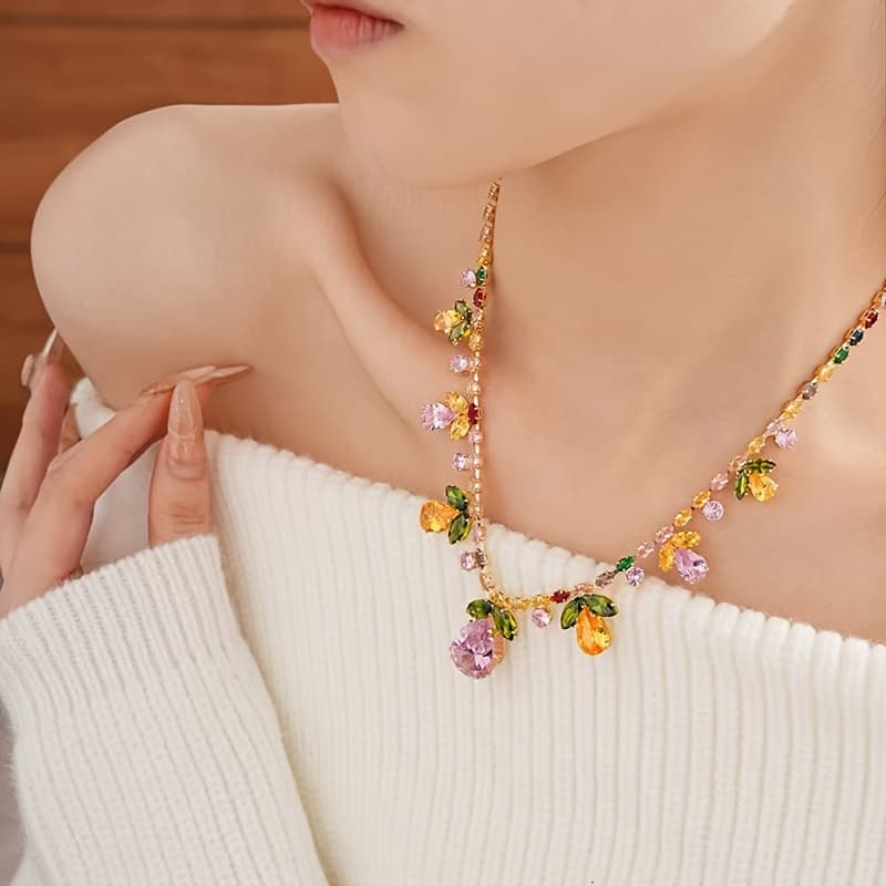 TEMU Colorful Floral Leaf Pendant Necklace, Elegant Luxurious Fashion Clavicle Chain, Suitable For Women's Prom, Parties And Vacations, Gift For Women