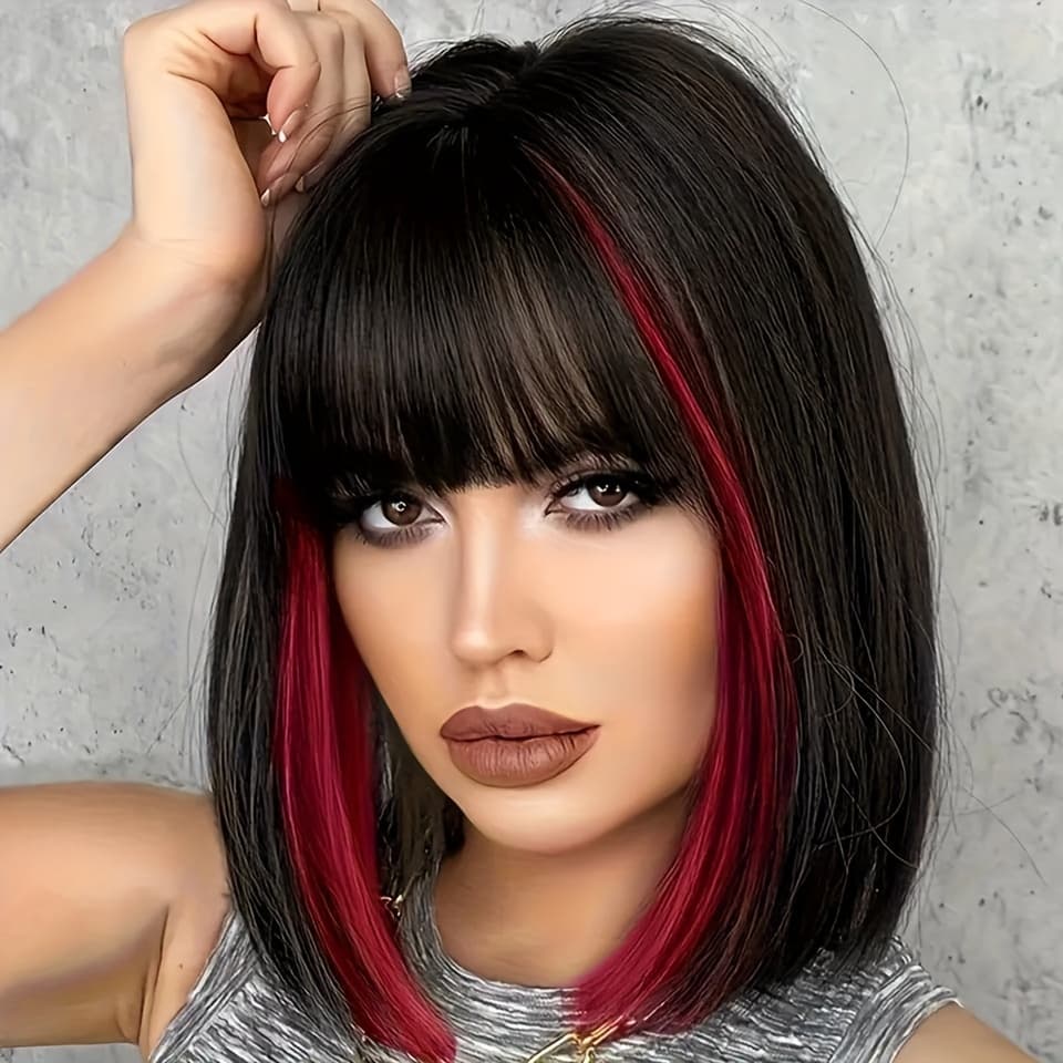 TEMU Wine Red Wig And Bangs Short Sstraight Bob Wig For Ladies, Inch Synthetic Colored Wig For Festival Role-playing Parties