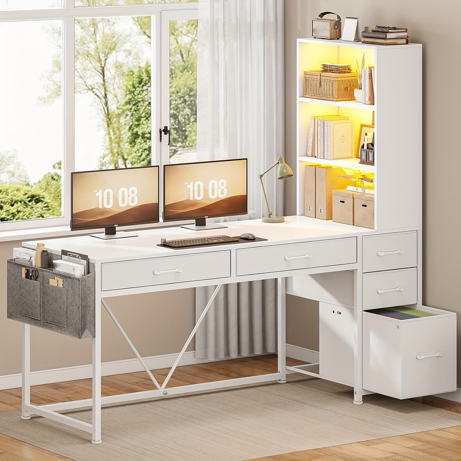 TEMU Computer Desk With Led Lights, Office Desk With 5 Drawers And Bookshelf