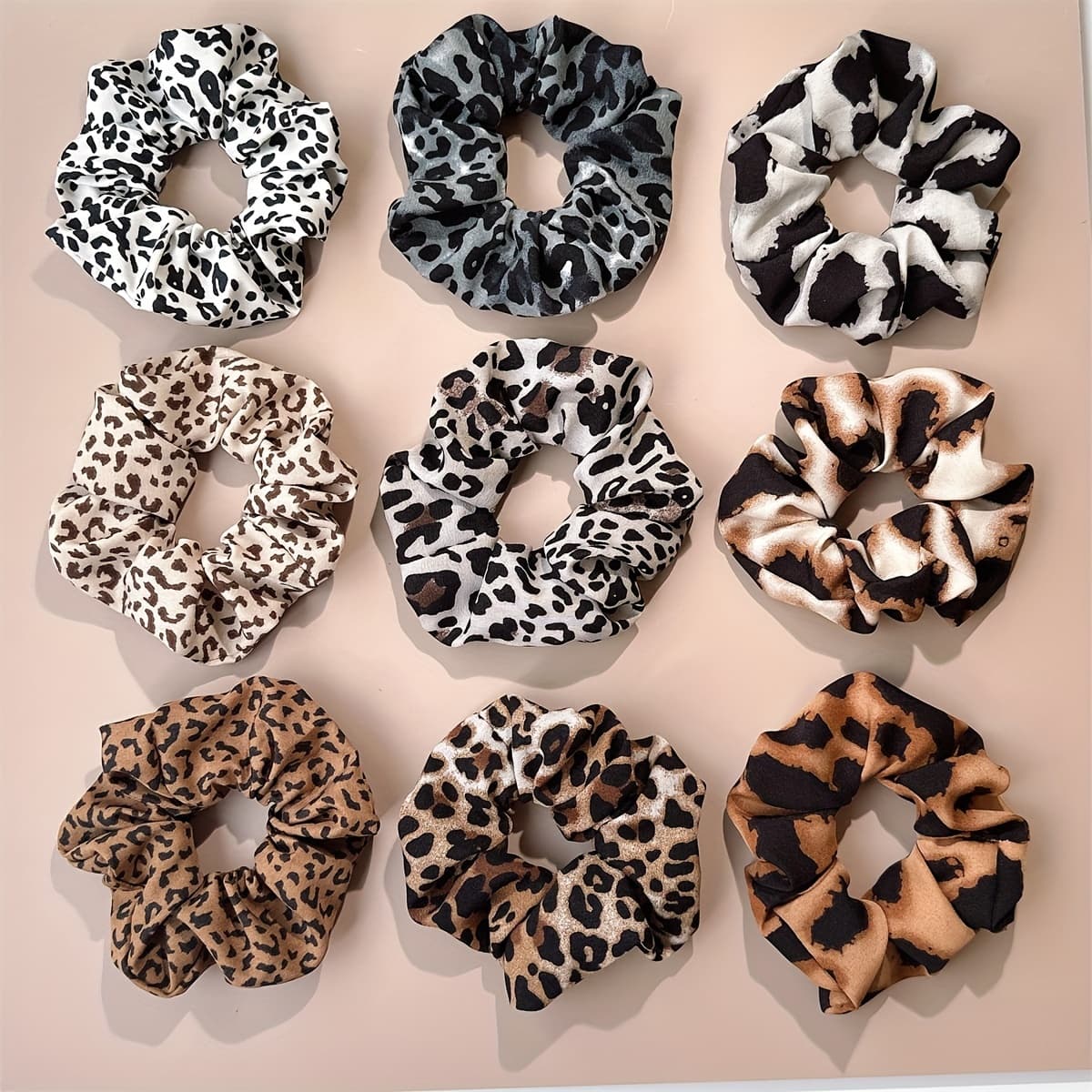 TEMU 9pcs Women's Autumn And Winter Leopard Print Fabric Hair Ties Set For Ponytail Styling, Elegant And Fashionable Hair Additions