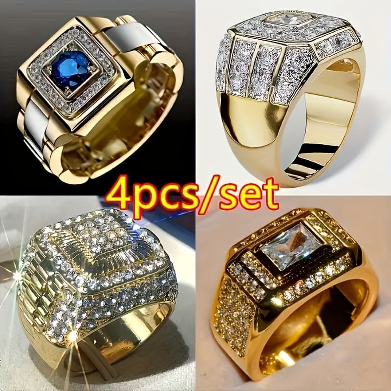 TEMU 4pcs/set Luxury Men's Fashionable Business Rings - High-end Jewelry Domineering Accessories For Wedding Engagement Valentine's Day Gift Men's Jewelry Fashion Rings Statement Piece