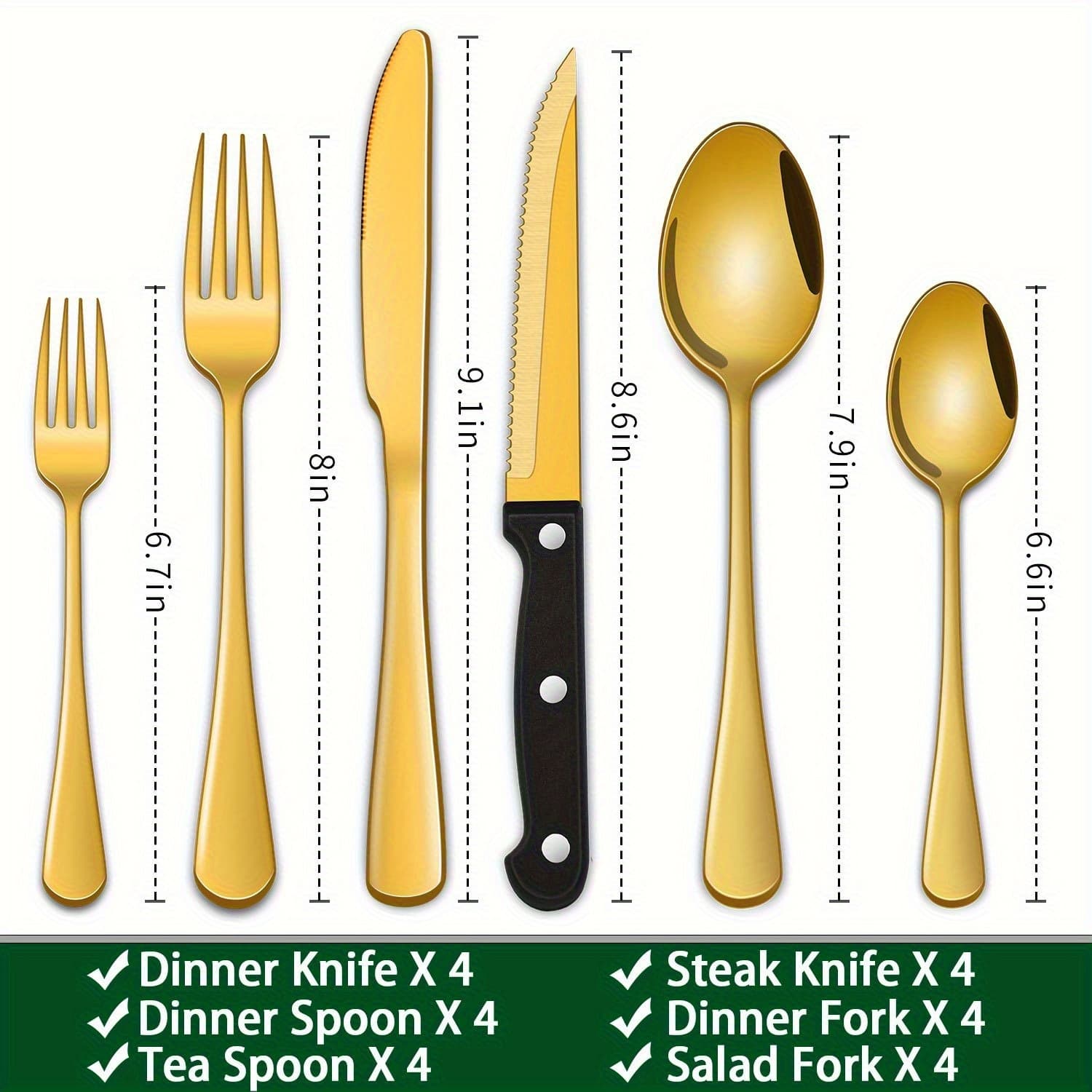 TEMU Golden 24pcs Silverware Sets With Steak Knives, Knife Spoon And Fork Sets, Stainless Steel , Cutlery Sets For Hotel And Restaurant Ktichen