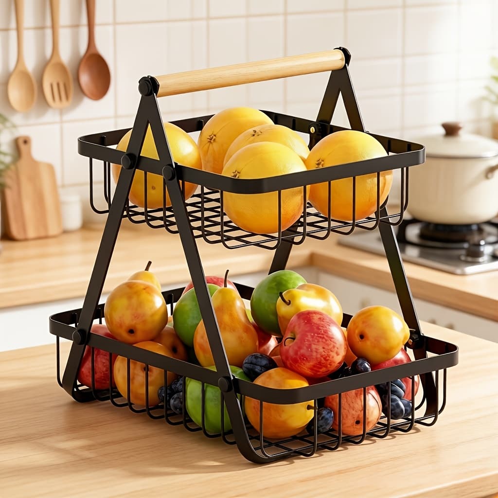 TEMU 2-tier Countertop Fruit Basket For Dining Room And Kitchen, Detachable Metal Organizer For Bread, Vegetables, And Fruits, With Wooden Handle, Large-capacity Rectangular Storage Rack Bowl, Black
