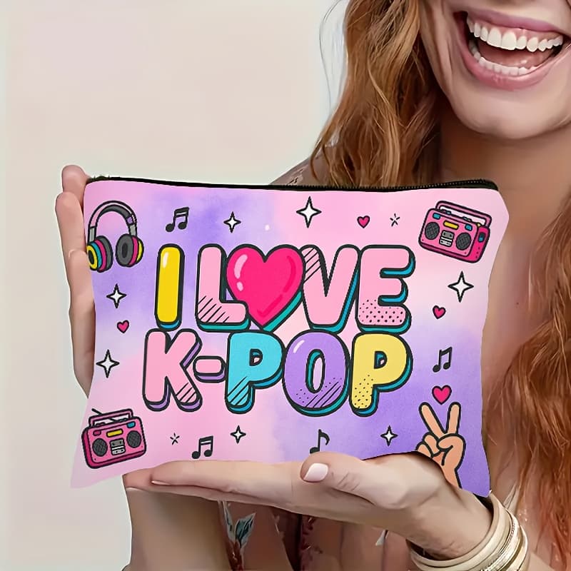 TEMU A Colorful Font Item Saying -pop With Heart Decorations, A Multifunctional Travel Makeup Bag, An Emergency Snack Pouch, A Durable Polyester Zippered Storage Bag, Machine Washable With A