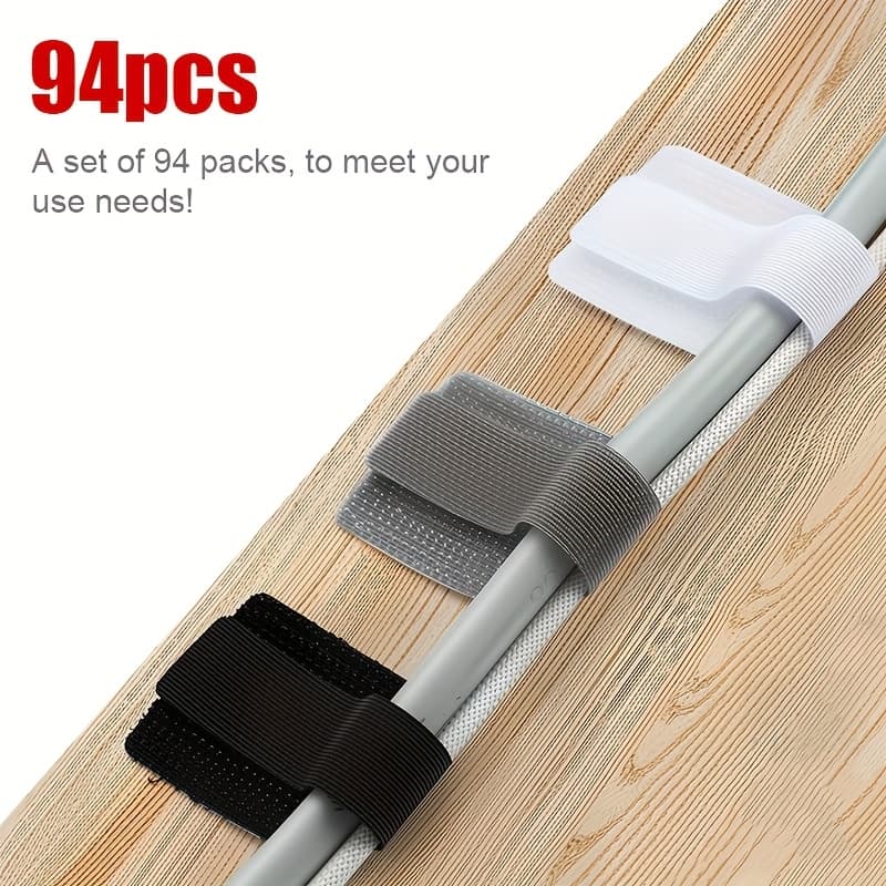 TEMU 94pcs Hook And Loop Cable Straps, Cable Management Under Desk, Self Adhesive Cable Ties, /grey