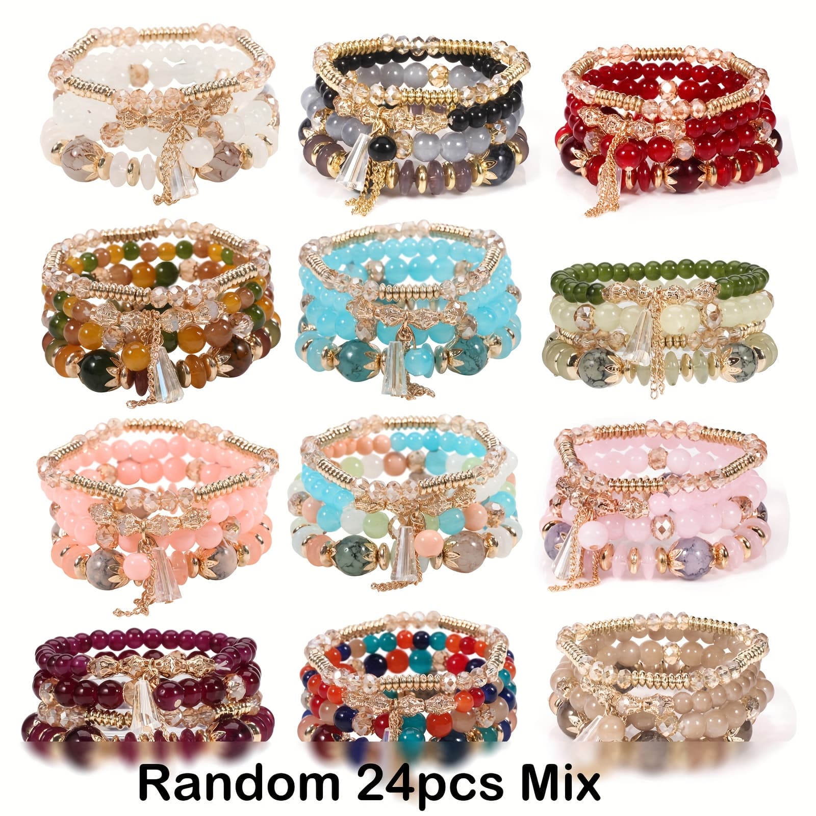 TEMU Random 24pcs Of Bohemian Colored Glass Bead Stacked Bracelets, Chain Horn Stretched Bead Bracelet Set, Summer Beach Bohemian Jewelry Party Gift For Men And Women