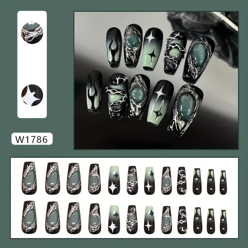 TEMU Trade Nails Wearable Nail Pieces 3d Dark Style Gradient Nails Starry Removable Nail Stickers 24pcs