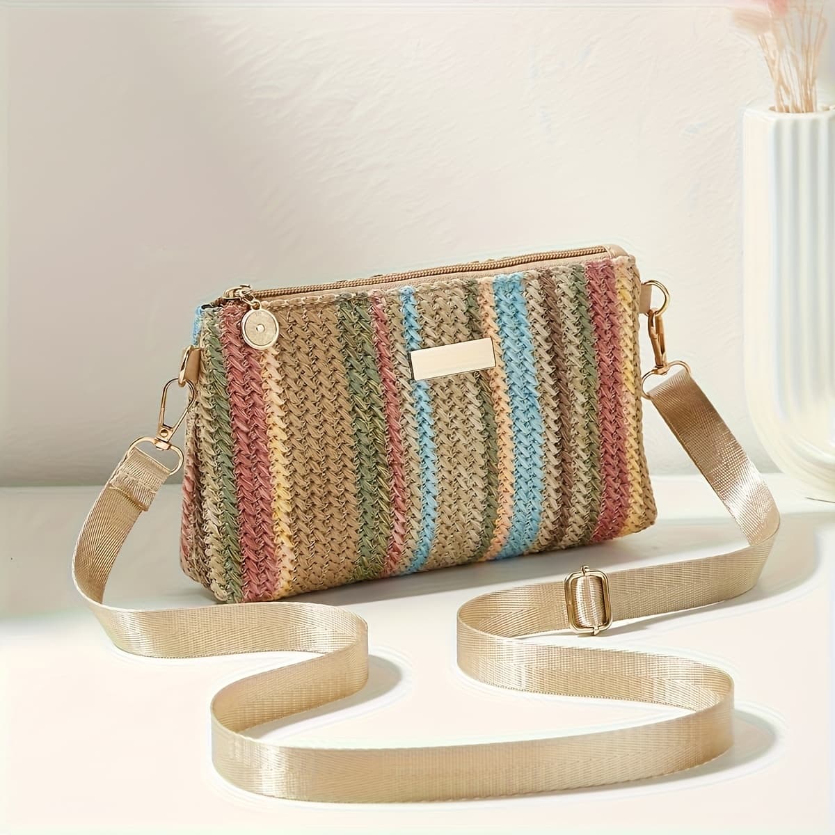 TEMU Fashion Casual Country Style Colorful Woven Women's Crossbody Bag With Metal Sequin Decoration, Adjustable Strap Shoulder Bag, Beach Bag Suitable For Daily Use, Vacation, Banquets, And Gift-.