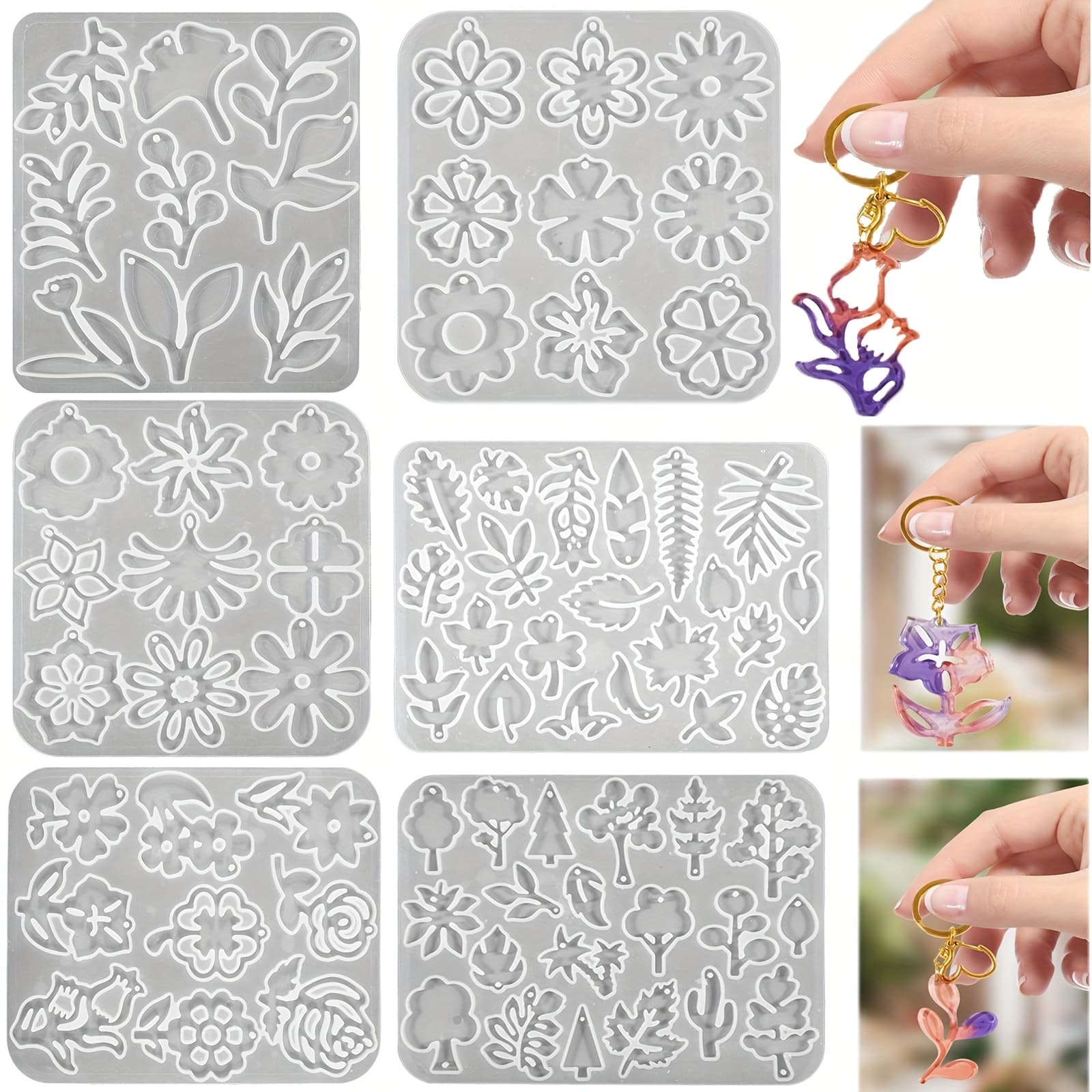 TEMU Set Of 6 Silicone Molds For Flowers And Leaves - Resin Jewelry Keychain Molds For Epoxy Crafts, Pendant Charms, Botanical Gift Creation, Reusable Silicone Casting Templates