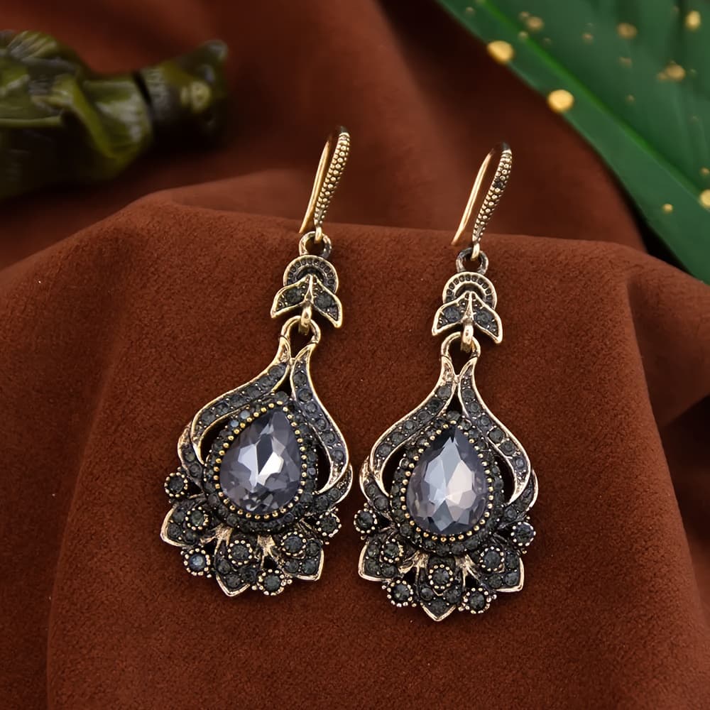 TEMU Vintage Turkish-style Women' Earrings Featuring Gray Rhinestones In A , Perfect For Indian Brides And Bohemian-style Jewelry For Valentine's Day And Beach Parties