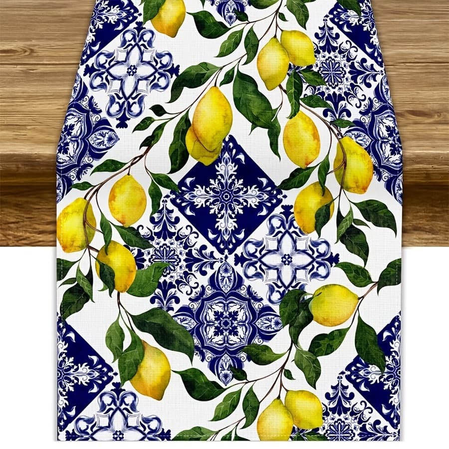 TEMU 1pc Linen Table Runner - 100% Woven Square Table Decor With Blue Tile Lemon Print For Farmhouse, Home, Kitchen, Indoor & Outdoor Dining, Party Decoration