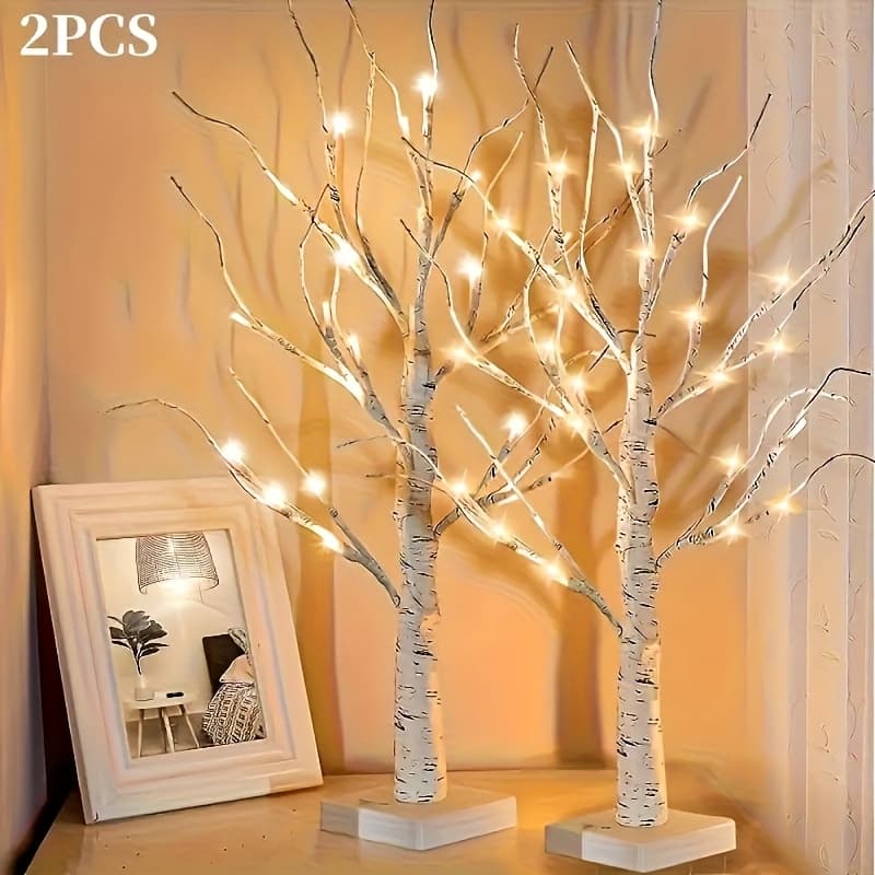 TEMU 2 2-foot Birch Led Tree Lights, 24 Led Easter Flashing Tree And Fairy Lantern Decorations, Christmas Festival Trees, Home Interior Decoration, Valentine's Day Atmosphere Gift Set
