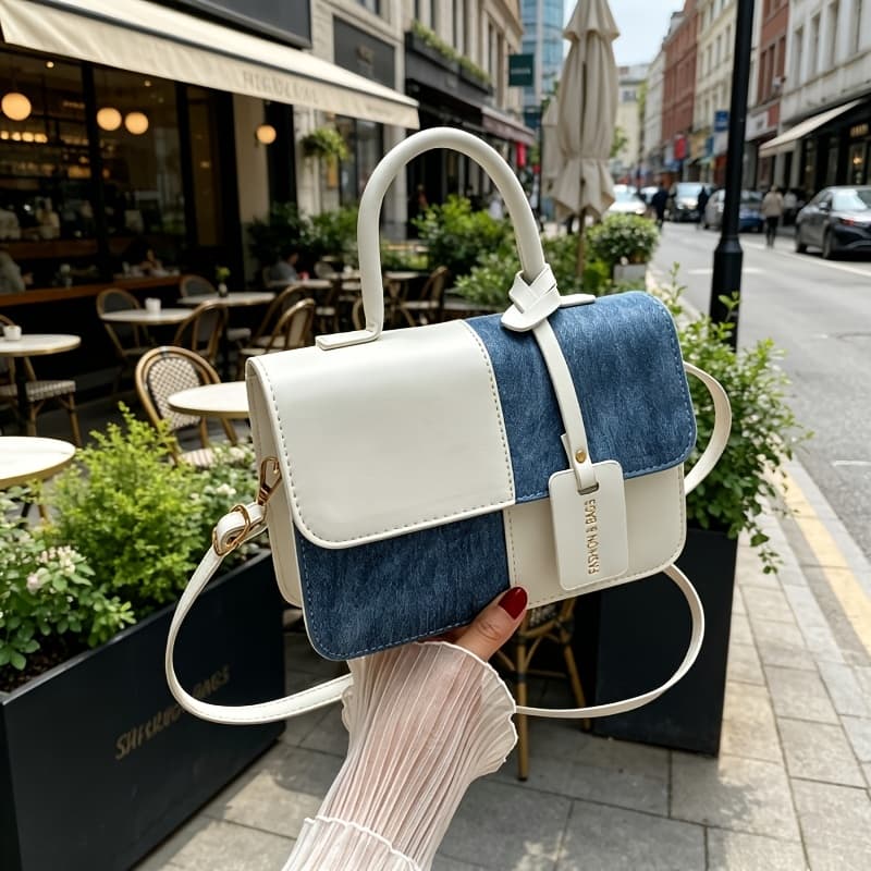TEMU Chic Mixed Material Purse - Versatile Square Tote & Crossbody For Everyday, Stylish Bag
