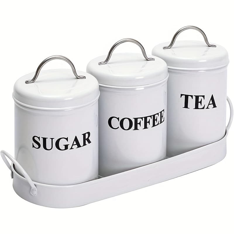 TEMU Set Of 3 Kitchen Canisters For Tea, Coffee, And Sugar, Featuring Sealing Lids And A Metal Tray, Vintage-style Jars For Food Storage In White