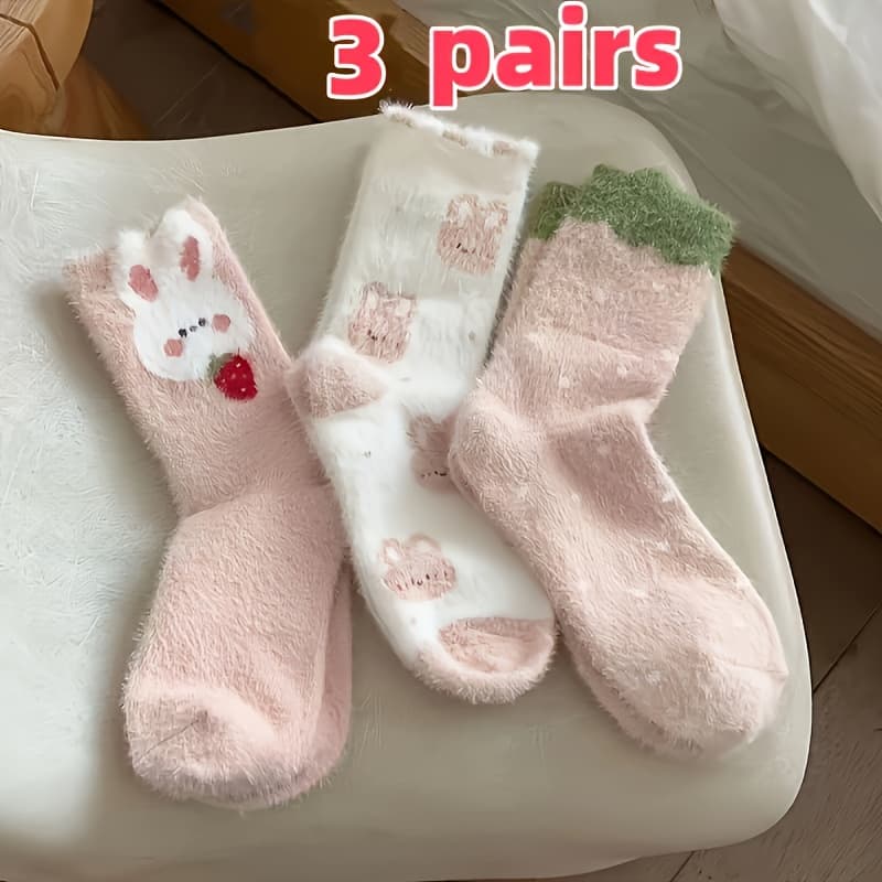 TEMU Random 1 Pair/3 Pairs Cute Cartoon Rabbit Warm Comfortable Mid-calf Socks