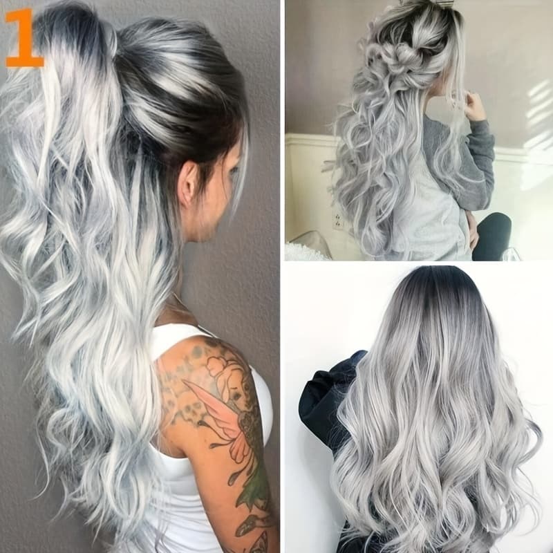 TEMU Costume Wig, Fashionable Gradient Black To Gray Wig, Long Curly Hair - Heat-resistant Synthetic Fiber, Suitable For Women, , Suitable For Daily Wear And Role-playing