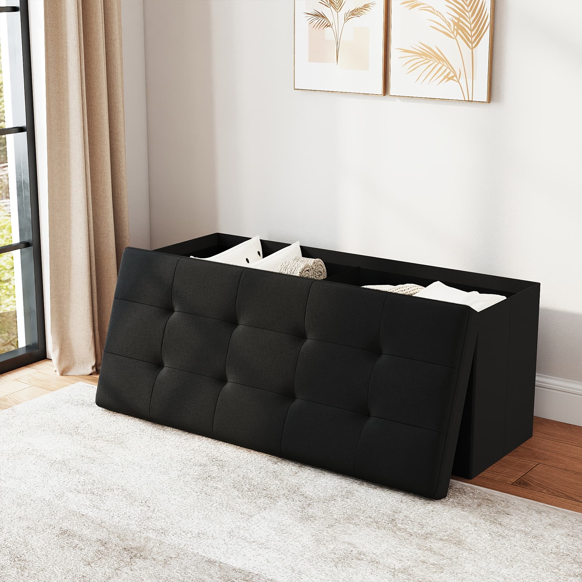 TEMU Leather Or Linen Ottoman Storage Bench, Padded Ottoman Storage Bench, Comfy Thick Upholstered Seat, 500 Lb. Capacity3 Sizes, 3 Colors