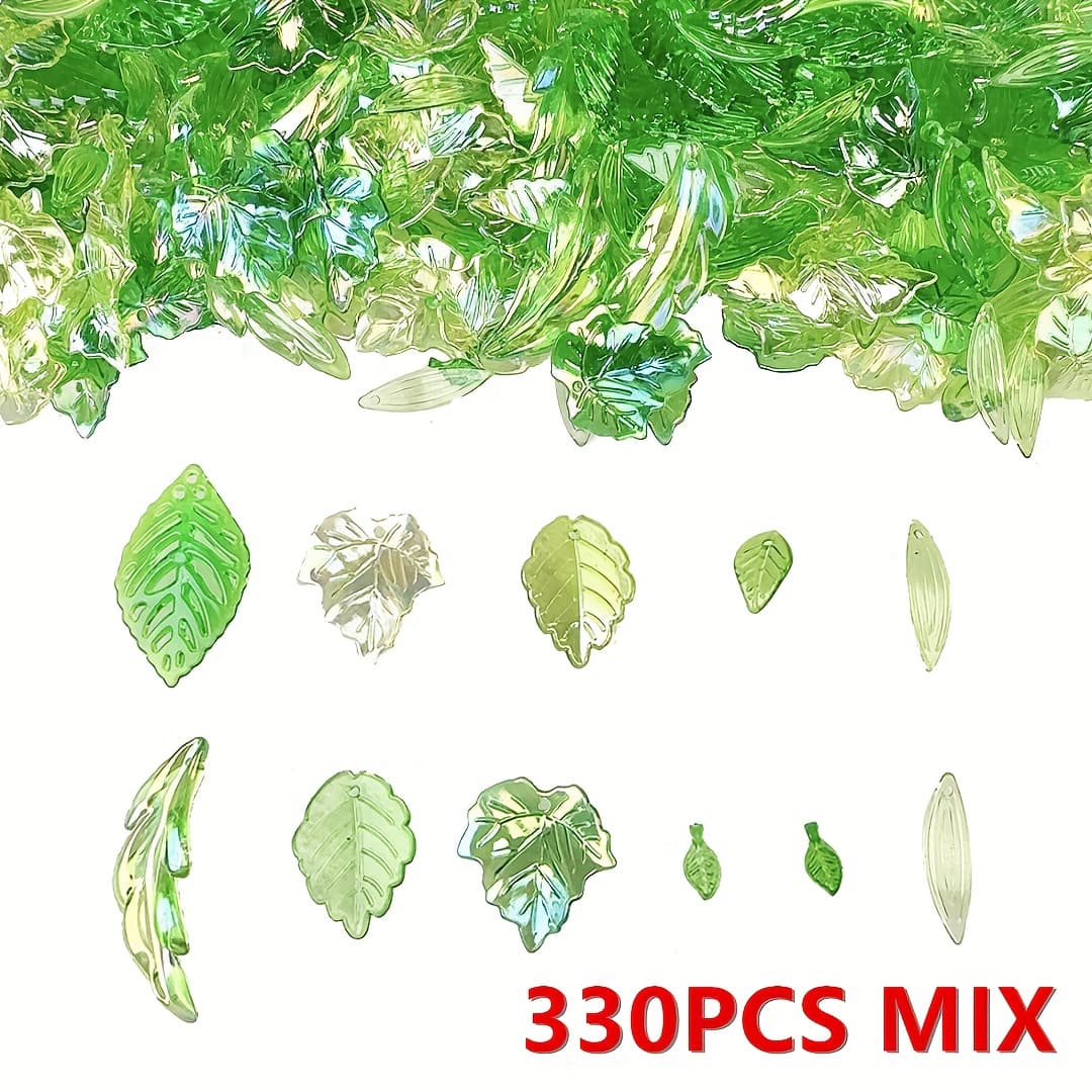 TEMU 330 Green Mixed Leaf Beads, Curved Leaf Pendants, Perforated Plant Charms, Handmade Jewelry Making Additions, Keychains, Bracelets, Necklaces, Earrings