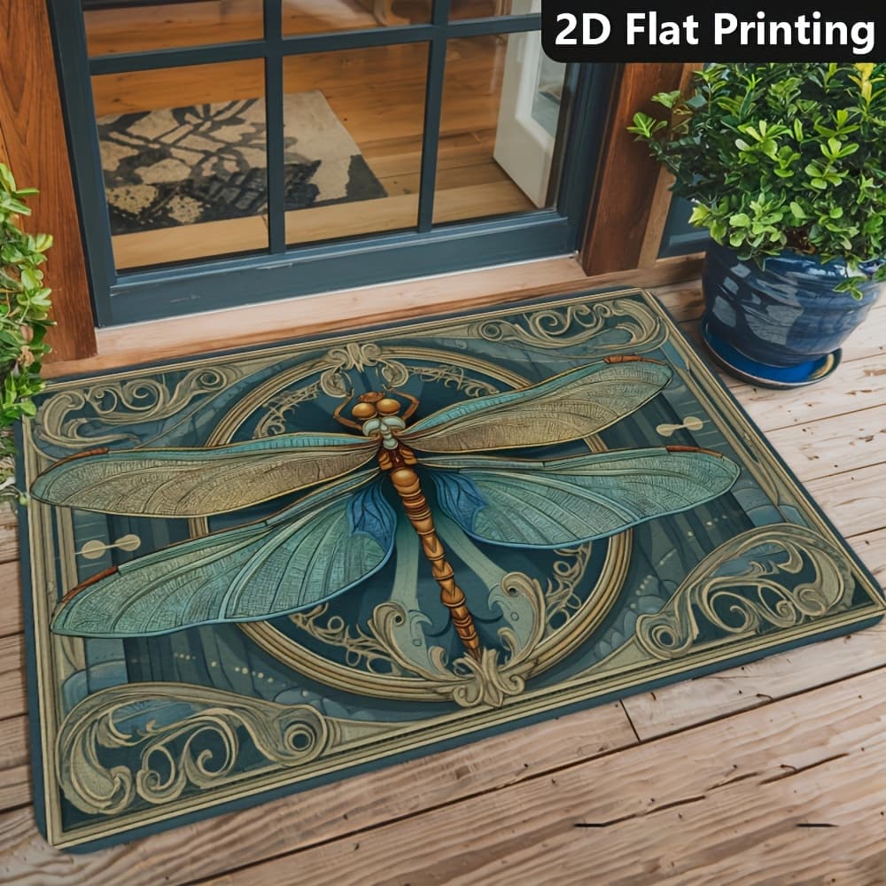 TEMU 2d Flat Dragonfly Design Door Mat | Polyester, Machine Washable, Suitable For Home Decor, Kitchen, Bathroom, Indoor And Outdoor Use