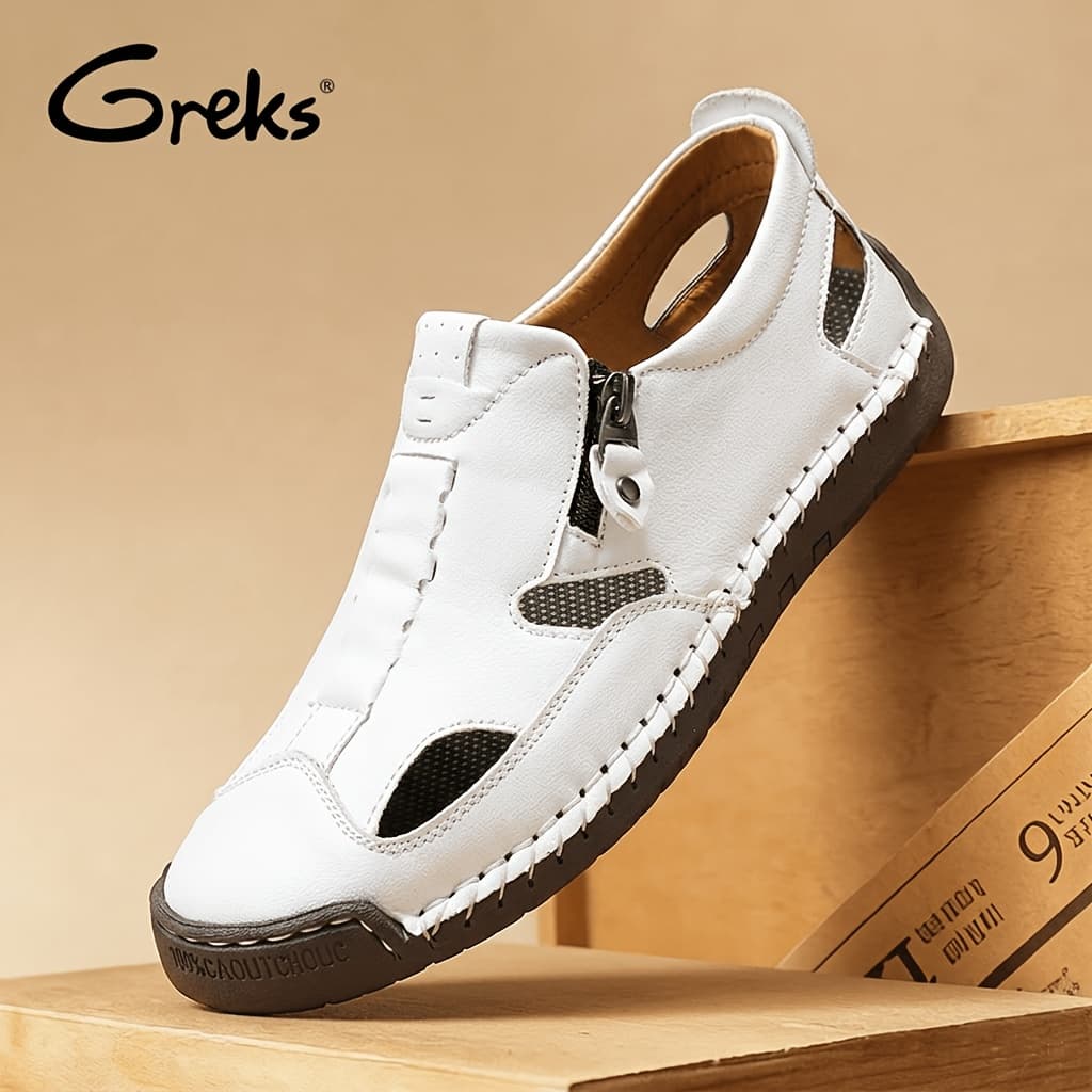 TEMU Greks Men's Closed-toe Fisherman Sandals Slip-on | Breathable Comfortable Casual Loafers For Summer Outdoor Driving & Walking | Side Zipper Hand-sewn