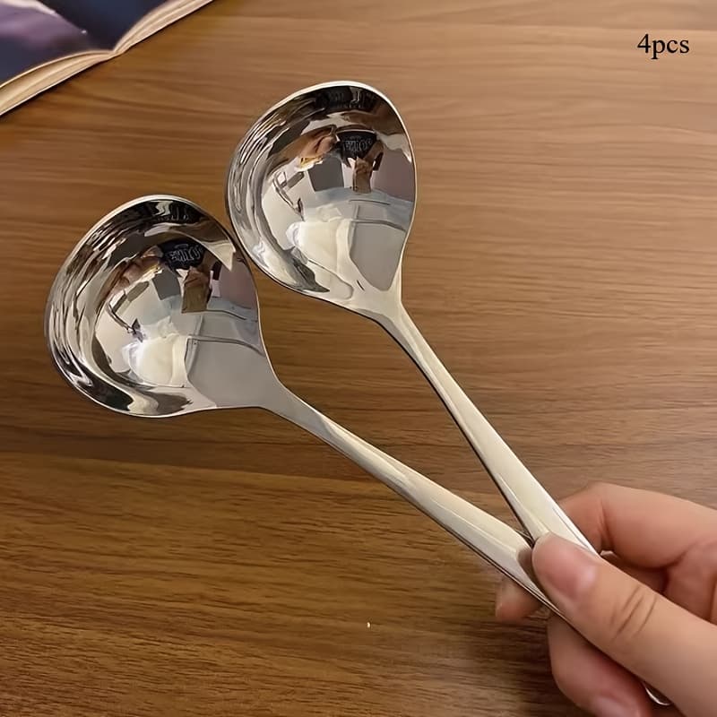 TEMU 4-pack Stainless Steel Soup Spoons Set - Elegant & Durable Long Handle Tableware For Hot Pot, | Multipurpose Serving Spoons Ideal For Home, Restaurant & Food Truck Use