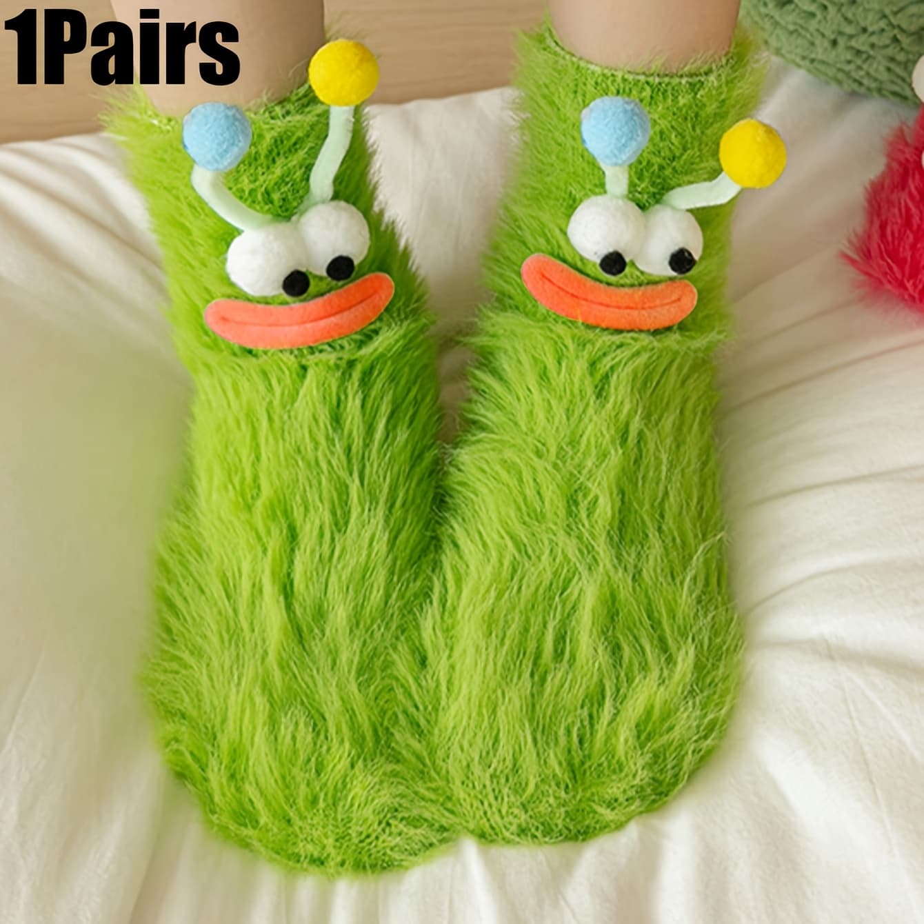 TEMU 1/2pairs Creative Funny | Fluffy Warm Cute & Mouth Decorated Mid-calf Socks For Women, Suitable For Autumn/winter Daily Wear, Fabric