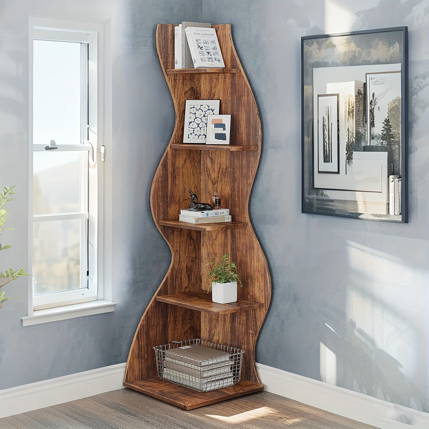 TEMU Corner Shelf, Modern 5-tier Wall Corner Bookshelf, Stylish Corner Small Bookcase Storage Rack Plant Stand With Unique Shape For Living Room, Home Office, Ladder Racks, Storage And Organization