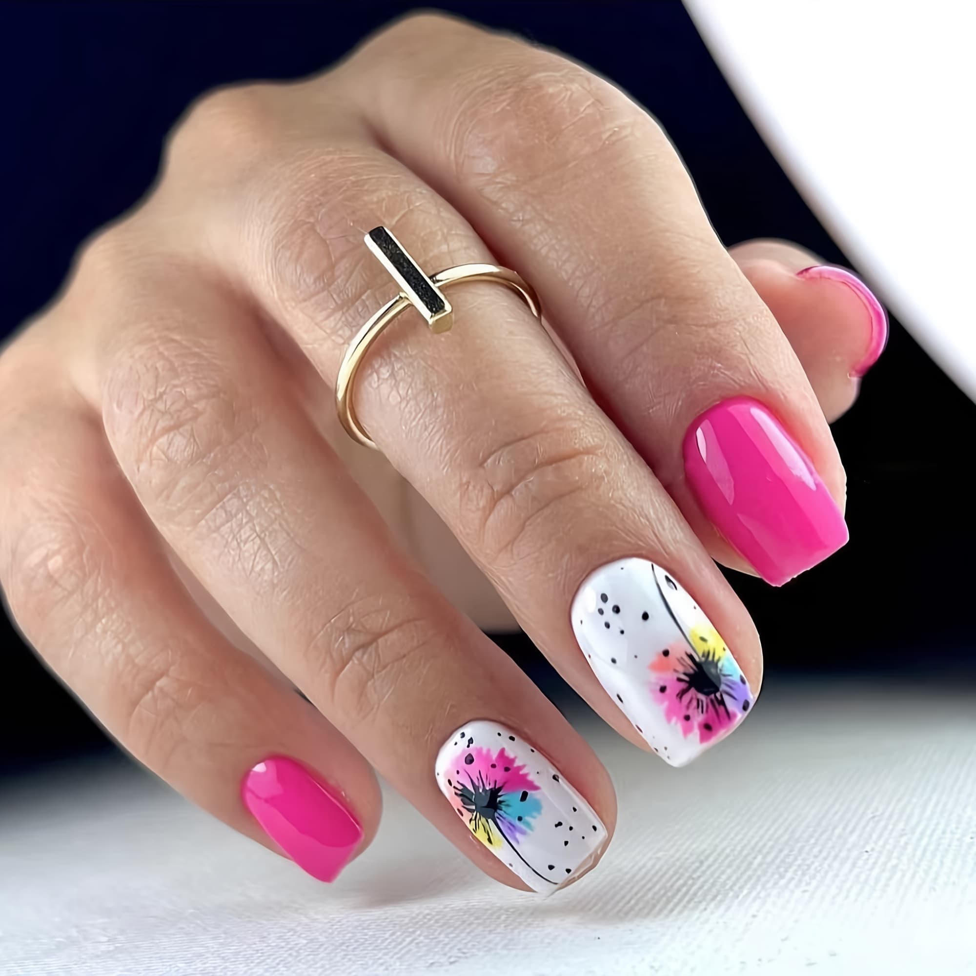 TEMU 24pcs Of Pink And White Square Wearable Nails, Medium And Long Colorful Floral Pattern, Shiny False Nails, Detachable, Press-on Nail Art, Reusable, Extremely Cost