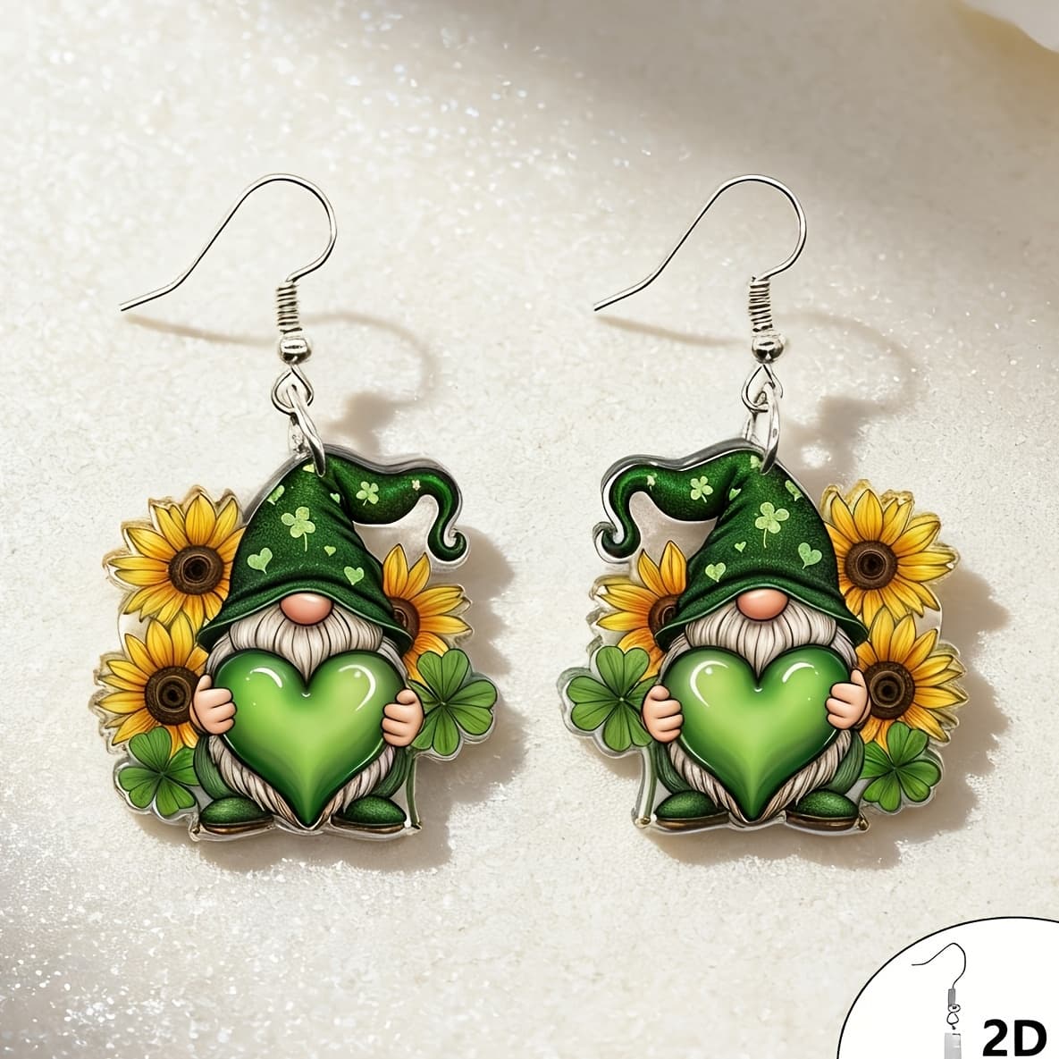 TEMU 2d Flat, 2d Flat 1 Pair Watercolor Cute Green Gnome Acrylic Earrings With Green Hat 's Day Party Acrylic Cartoon Earrings Accessories Cute Pendant, Suitable For Gifts Jewelry, 2d Flat