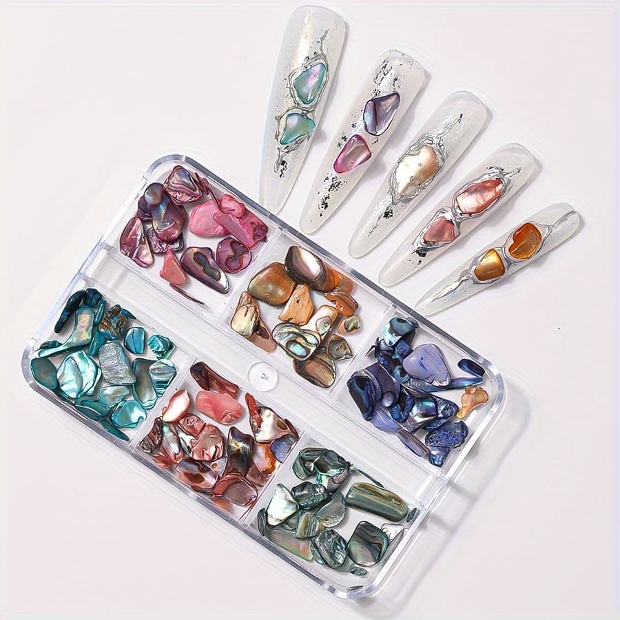 TEMU 6 Grid Box - Iridescent Abalone Shell Slices, Nail Art Decals, Diy Colorful Crushed Stone, Manicure Decor Accessories