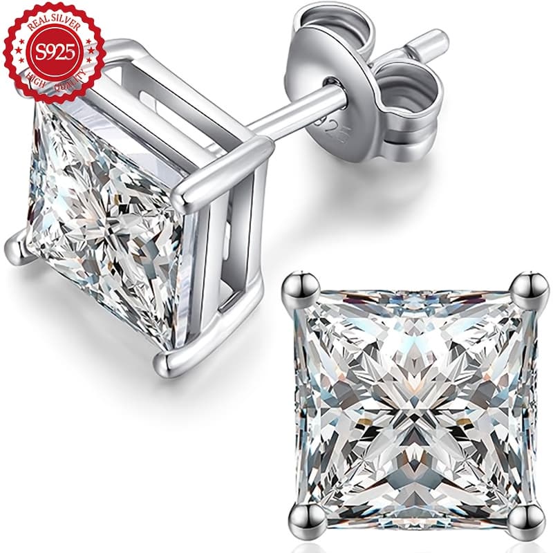 TEMU 925 Sterling Silver 8mm Earring Set For Men And Women, Square Cubic Zirconia Hypoallergenic Earrings, Wedding, Valentine's Day, Halloween, Christmas, Anniversary (gift Box Included)