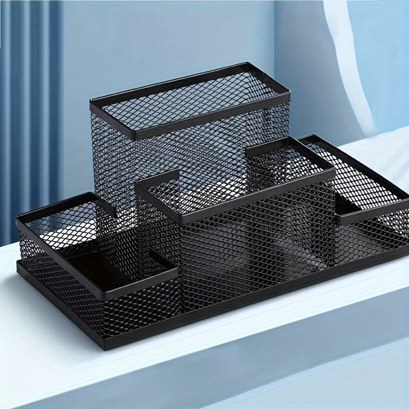 TEMU Stylish Black Metal Desk Organizer - Pen & Accessory Holder For Office And School Supplies