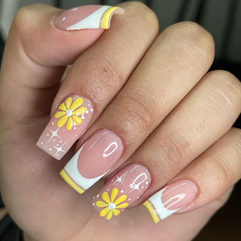 TEMU Yellow Flower Nails, Spring- Daisy And Star Fake Nails, Sweet European Square-shaped Nail Tips