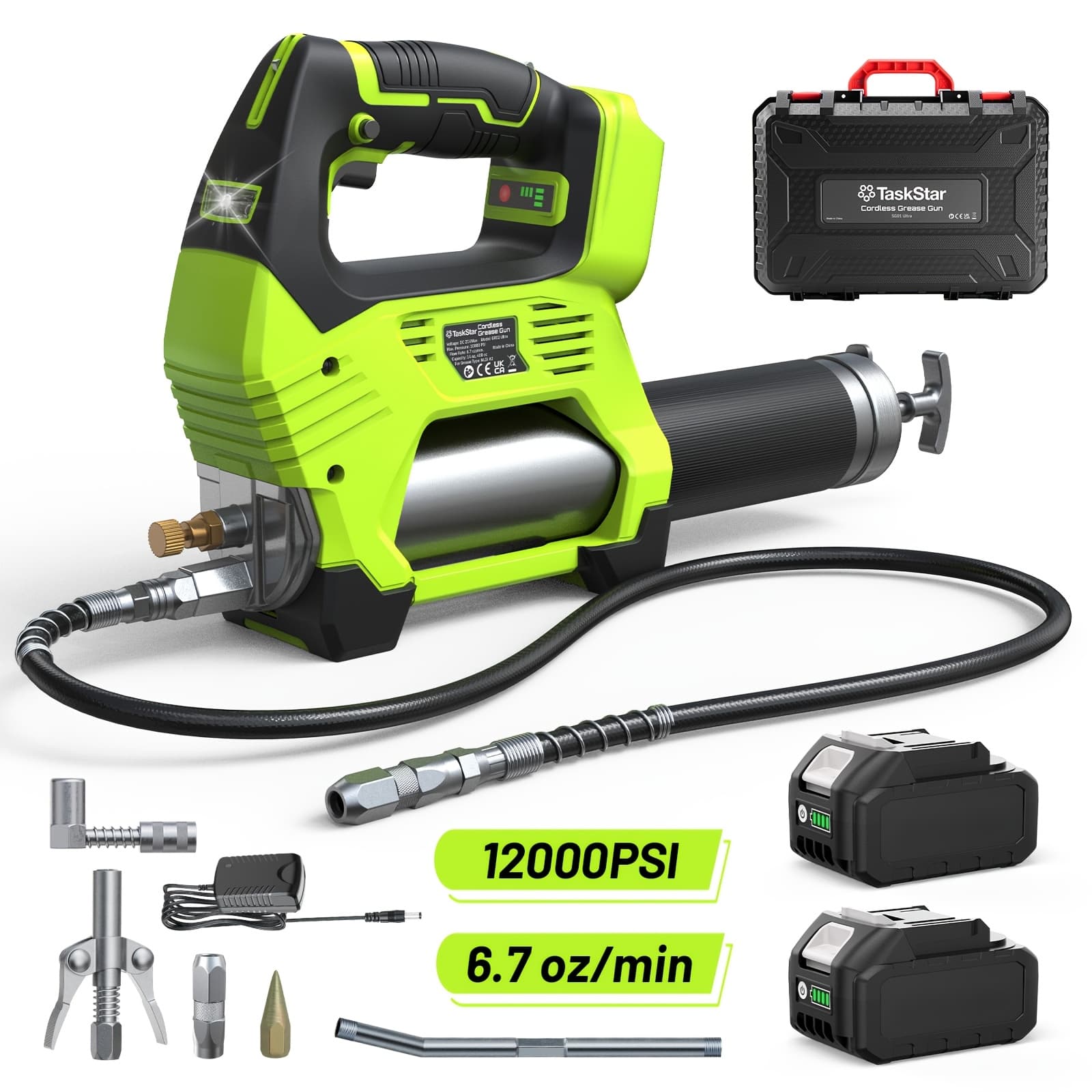 TEMU 12000psi Electric Grease Gun: Control Battery Powered Grease Gun Cordless With 2 Batteries, Brushless Motor, 39.4" Long Hose, 90 Degree Coupler & Led Light For Heavy Duty Equipment
