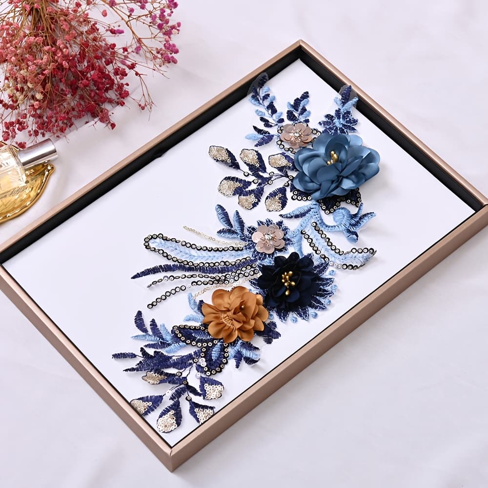TEMU Embroidered Sequin Applique With Floral And Botanical , Blue Fabric Patch For Diy Hand-sewn Heavy-duty Lace Clothing Repair