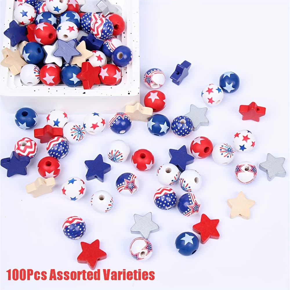 TEMU 100pcs Random Style Day Wooden Beads, 16mm Round Wooden Beads With Holes, Blue White And Stripes Pattern Loose Beads For Bracelet Necklace Jewelry Making