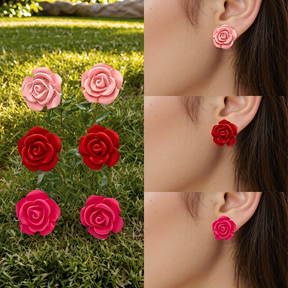 TEMU 3 Pairs Women's Fashion Stud Earrings Set, Red/pink/rose Pink 3-color Gradient Small Flower Earrings Set, Fashionable Cute Easy Style, Women' Vacation Matching Wear