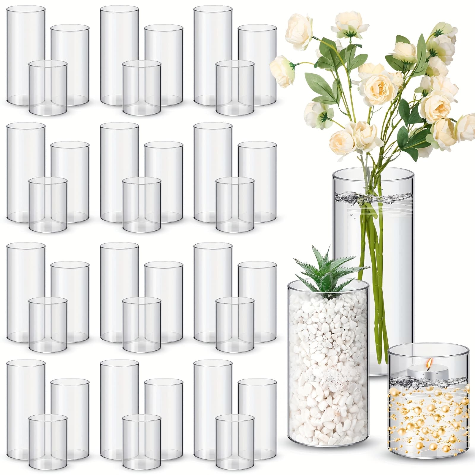 TEMU 36pcs Plastic Cylinder Vases Tall Clear Flower Vases For Centerpieces Hurricane Candle Holder For Home Party Formal Dinners Valentines Decorations