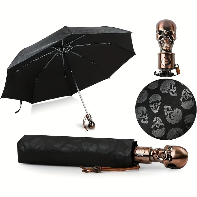 TEMU Metal Skull Umbrella Gothic Style Foldable Windproof Compact Travel Umbrella