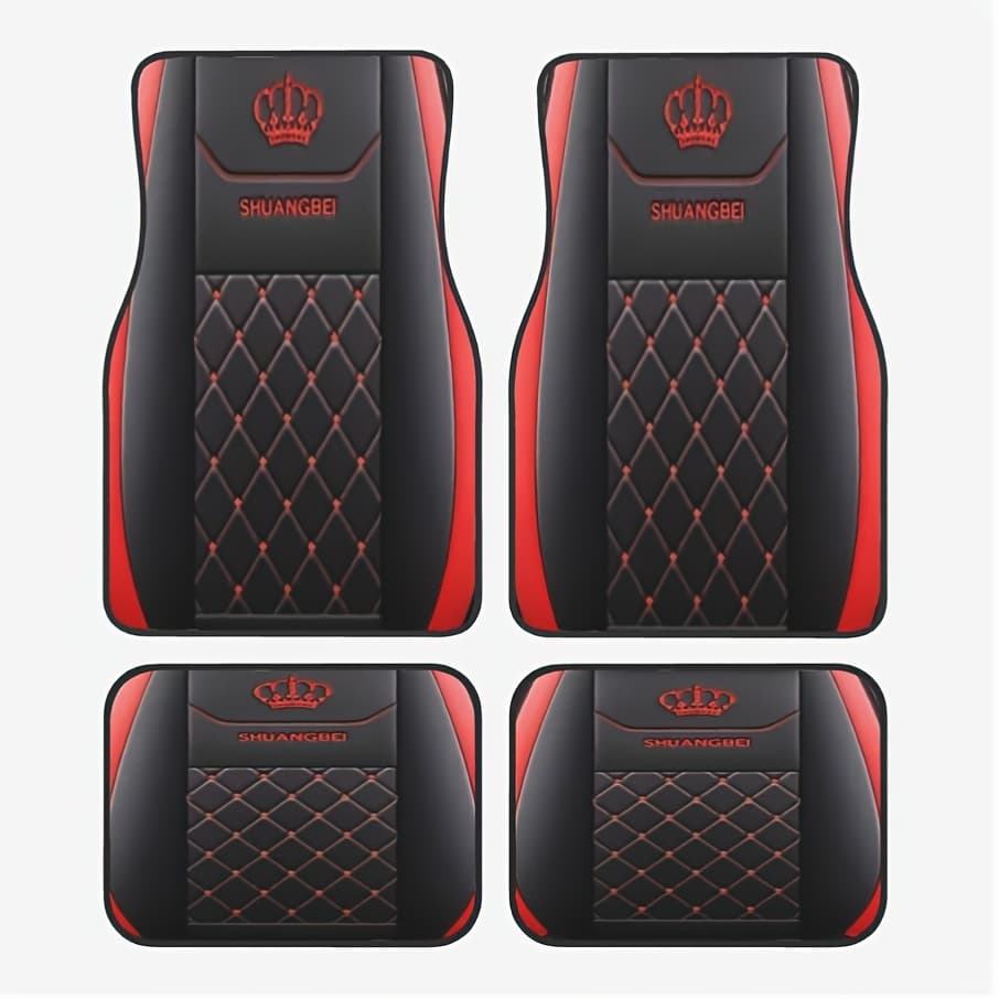 TEMU Suitable For All Car Models, 4pcs Set Of Red Grid Elegant Crown Pattern Car Carpet, Four-season Vehicle Carpet, With Anti-slip Base, Easy To Clean Car Interior Additions